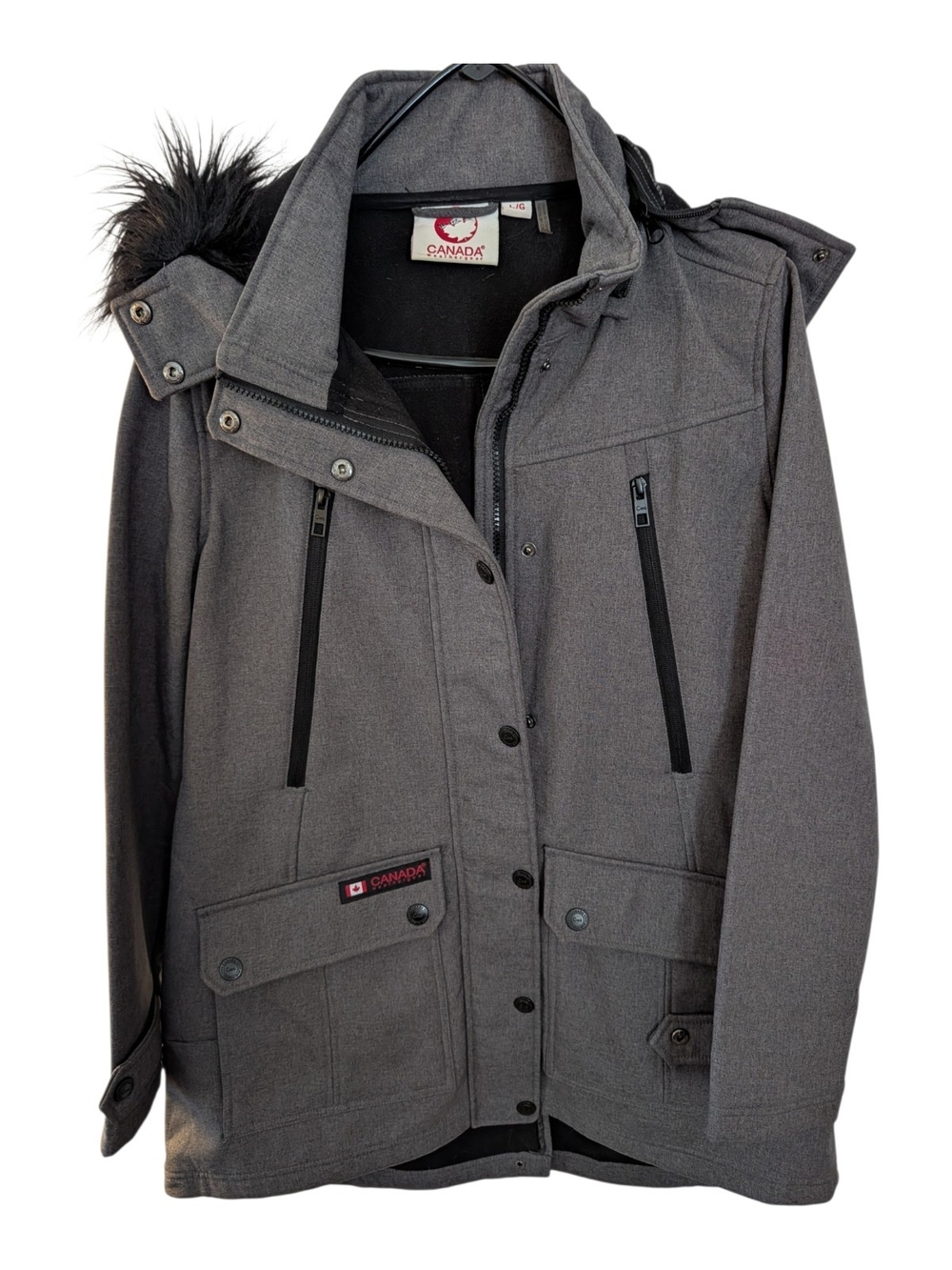 Canada Weatherproof Women's Gray Utility Jacket with Hood and Faux-Fur Trim